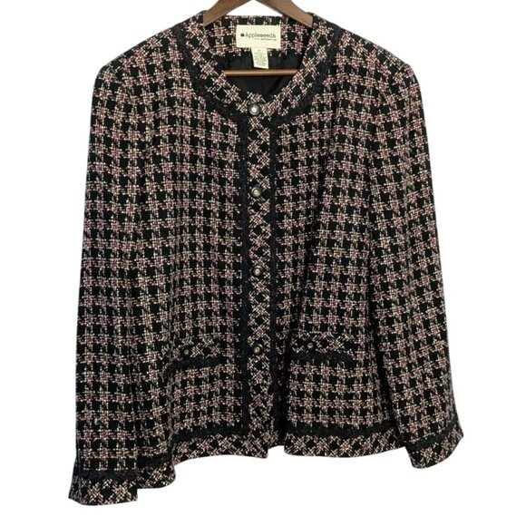 Appleseeds Womens Tweed Jacket Sz 20 Black & Pink Plaid Long Sleeve Lined - Picture 1 of 12